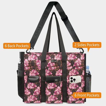 TOPDesign Utility Water Resistant Tote Bag with 22 Pockets, Zipper Closure - color: Baroque Carnation, size: Medium