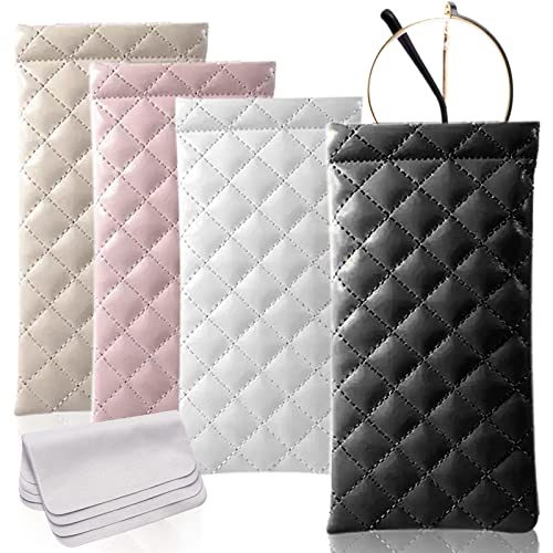 4 Pcs Squeeze Top Sunglass Case with Cleaning Cloth, Soft Leather Eyeglass Case Portable Sunglasses Pouch - color: A & 4pcs