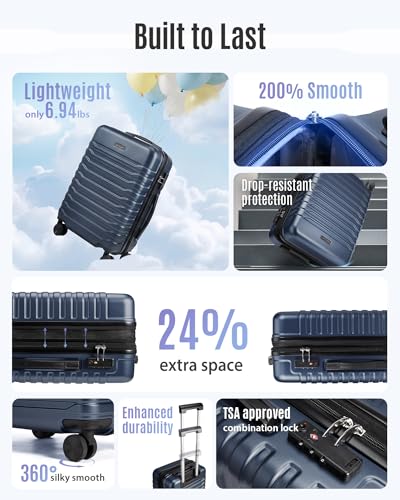 LIGHT FLIGHT Expandable 20" Carry On Luggage 22x14x9, TSA Lock, Dark Blue - color: Dark Blue