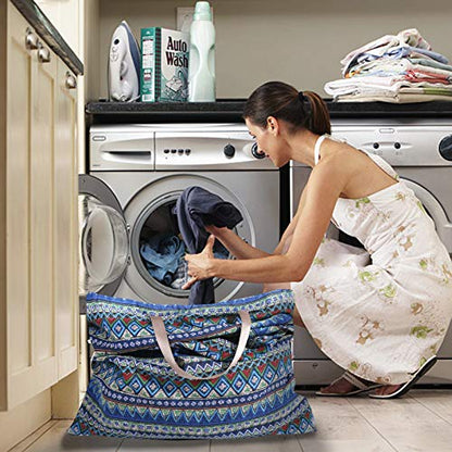 Extra Large Laundry Bag with Drawstring and Handle, Heavy Duty Travel Dirty Clothes Bag for Laundromat and Household, Durable Rip-Stop Laundry Hamper Liner, 22 Patterns(28 x 40 Inch) by SANFERGE - color: Blue Geometry