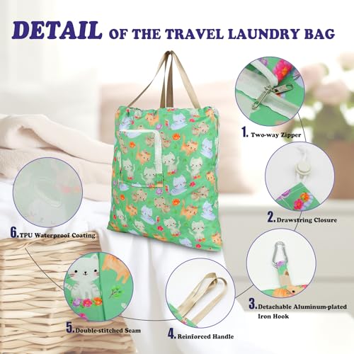 Foldable Travel Laundry Bag with Handle and Drawstring, 2 Pack Expandable Dirty Clothes Bags with Aluminum Carabiner and Zipper, Lightweight Laundry Hamper Liner for Travel, Camp, 20*19 inch - color: Dog & Cat