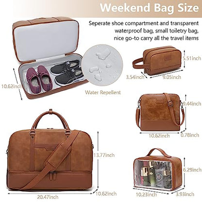 4-in-1 Waterproof Faux Leather Overnight Travel Bag for Women Men - color: Light Brown