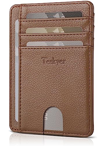 Teskyer Slim Minimalist Wallet for Men, RFID Front Pocket Card Holder - color: Lichee coffee