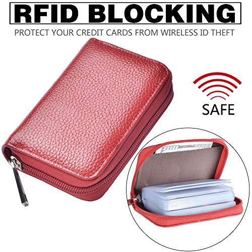 Easyoulife Genuine Leather Credit Card Holder Zipper Wallet With 26 Card Slots - color: Red, size: small