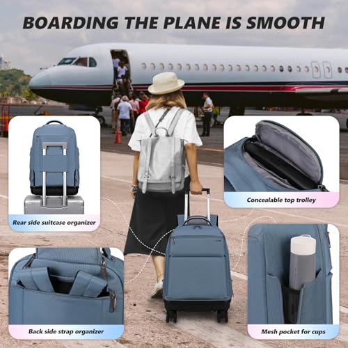 Rolling Backpack with Removable Wheels, 18 inch Computer Laptop Bag Carry on Travel Wheeled Business Backpack for Women Men - color: Lake