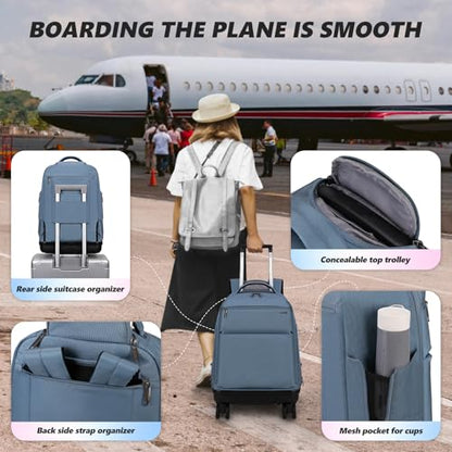 Rolling Backpack with Removable Wheels, 18 inch Computer Laptop Bag Carry on Travel Wheeled Business Backpack for Women Men - color: Lake