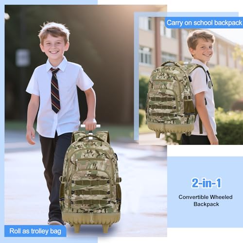ACESAK 3PCS Camo Rolling Backpack for Boys with Lunch Box Pencil Case - color: Camo Khaki