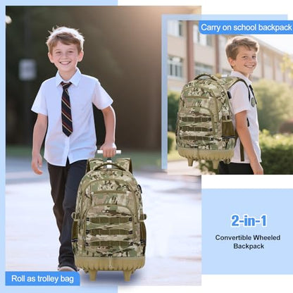 ACESAK 3PCS Camo Rolling Backpack for Boys with Lunch Box Pencil Case - color: Camo Khaki