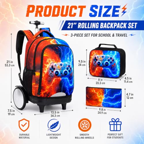 gxtvo Large Wheels & Quiet Glide | Rolling Backpack for Kids - Water-Resistant Wheeled Bag with Lunch Box for School, Travel & Outings - Fire & Lightning Gaming - color: Rolling Backpack Fire Lightning Gaming