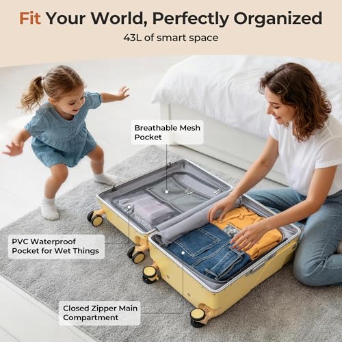 20" Ride-On Luggage with Child Seat, Hardside Carry-On Suitcase with Shockproof 360° Silent Spinner Wheels, TSA Lock, Kids & Adults & Busy Moms - color: Yellow