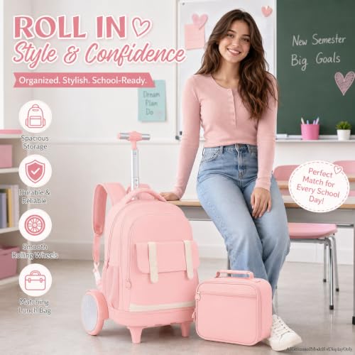 UFNDC Wheeled Backpack for Women & Girls with Big Wheels - Water-Resistant Rolling Bag for Travel, College & Business, 3-Pack (Pink) - color: Rolling Backpack Big Wheel Pink