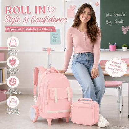 UFNDC Wheeled Backpack for Women & Girls with Big Wheels - Water-Resistant Rolling Bag for Travel, College & Business, 3-Pack (Pink) - color: Rolling Backpack Big Wheel Pink
