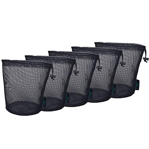 iBasingo 5pcs Black Mesh Nylon Sack With Drawstring - Durable Small Travel Sleeping Bag Stuff Sack for Cosmetics, Shower Gels, Bottles, Tennis Balls, Golf Balls, Tools - BVP03 - color: L-5pcs