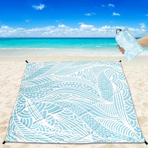 HIHOHO Beach Blanket Waterproof Sandproof Quick Drying Mat for 1-8 Adults - color: Bl-ripple, size: 6'11" x 6'7"