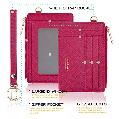 Wikavanli Women Slim Rfid Blocking Credit Card Case Holder Wristlet Zip ID Case Wallet Small Compact Leather Wallet Coin Purse with Keychain (Rose Red) - color: Rose Red