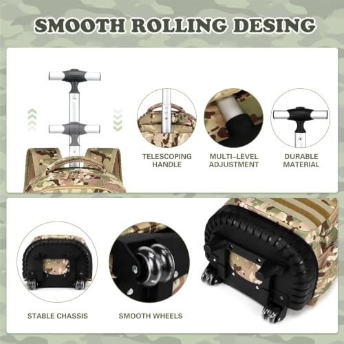 Boys Camo Rolling Backpack with Lunch Box Pencil Case | Kids Tactical Military Army Roller Backpack With Wheels Kindergarten Elementary School Bookbag Travel Camping, Khaki Camo - color: Khaki Camo