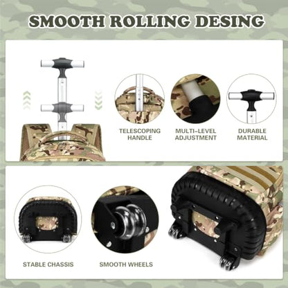Boys Camo Rolling Backpack with Lunch Box Pencil Case | Kids Tactical Military Army Roller Backpack With Wheels Kindergarten Elementary School Bookbag Travel Camping, Khaki Camo - color: Khaki Camo