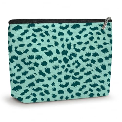 Watercolor Leopard Print Makeup Bag Cosmetic Bag, Portable Makeup Organizer - color: Mint Green Leopard Print 588
