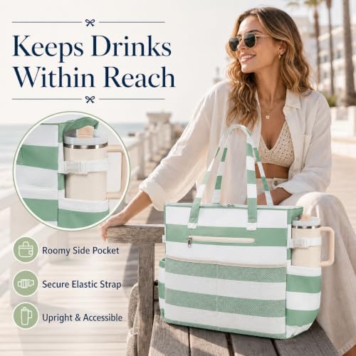 Bluboon Waterproof Beach Tote Pool Bags for Women Ladies Extra Large Carry On Bag With Wet Compartment for Weekender Travel - color: Green White Stripe 5cm