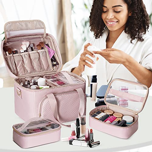 Large Makeup Bag for Women, Cosmetic Case, Travel Makeup Organizer - color: Pink