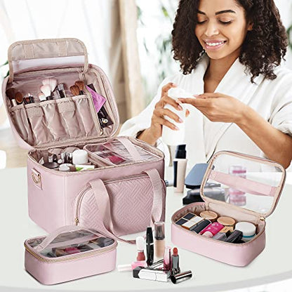Large Makeup Bag for Women, Cosmetic Case, Travel Makeup Organizer - color: Pink