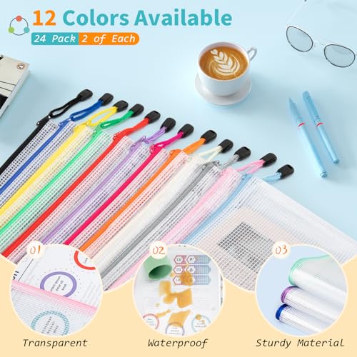 Umriox 24 Pack A4 Mesh Zipper Pouch Bags, Document File Organizer Storage - style: A4-24P