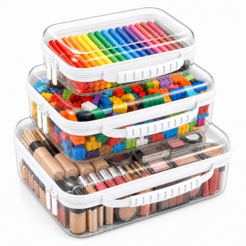Clear Hard Shell Zipper Case 3PCS Set, 1.2mm PET Travel Organizer | Deep waterproof stackable storage pouches with handle. Heavy duty clear zipper bags for travel, makeup, toys and snacks - color: White