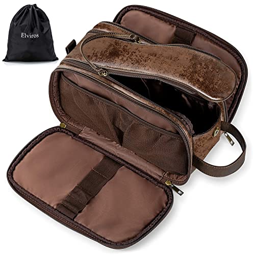 Elviros Toiletry Bag for Men PU Leather Shaving Dopp Kit (Large, Chocolate) - color: Dark Coffee, size: Large (Pack of 1)