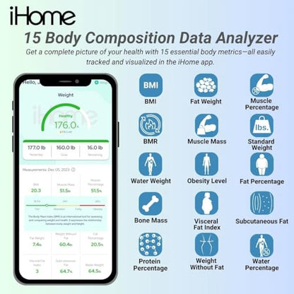 iHome Digital Bluetooth Smart Scale for Body Weight, Weight Scale, Including BMI, Body Fat, Muscle Mass, Batteries Included (Black Smart Bluetooth) - color: Black Smart Bluetooth, size: One Size