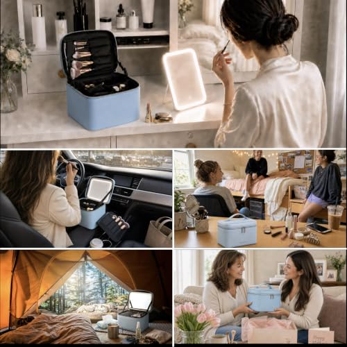 Travel/Daily Makeup Bag/Cosmetic Case with Detachable LED Mirror - color: Sky Blue