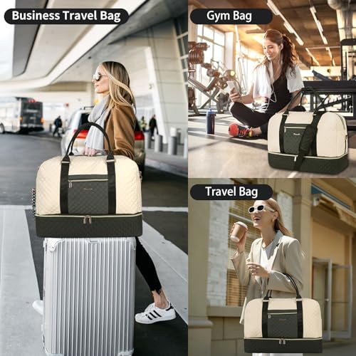 3PCS Weekender Bags for Women Large Overnight Bag, Black Beige Green - color: Black Beige Green