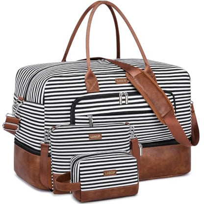 Large Women Travel Weekender Bag: Carry on Duffle with Shoe Compartment - color: 01 Black Striped