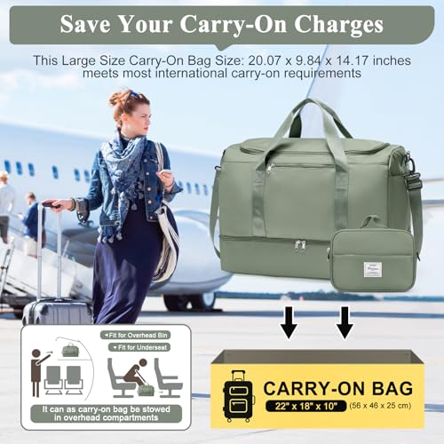 Travel Duffle Bag with Shoes Compartment,Carry-On Weekender Bags for Women - color: Olive Green with Toiletry Bag, size: Large