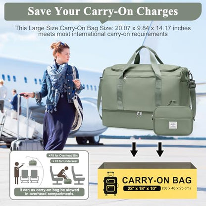 Travel Duffle Bag with Shoes Compartment,Carry-On Weekender Bags for Women - color: Olive Green with Toiletry Bag, size: Large