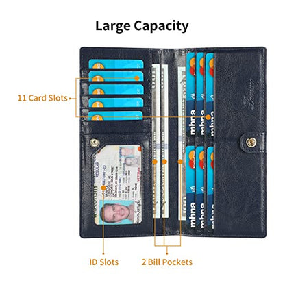 Lavemi Ultra Slim Thin Leather Women Wallet RFID Blocking Credit Card Holder Bifold Long Ladies Billfold - color: 1-waxed Blue