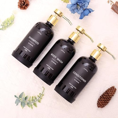 Shampoo and Conditioner Dispenser Set of 3 - color: Black Bottles + Gold Pumps