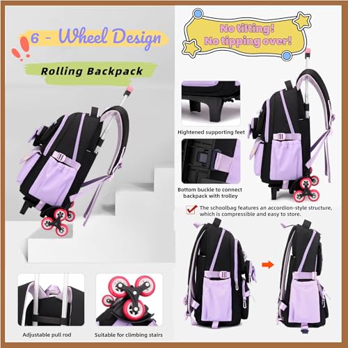 Rolling Backpack for Girls 3PCS Kids Backpack Set Cute Trolley Bags for Elementary Middle High School Wheeled Bookbags - color: 3pcs Black+purple 6 Wheels