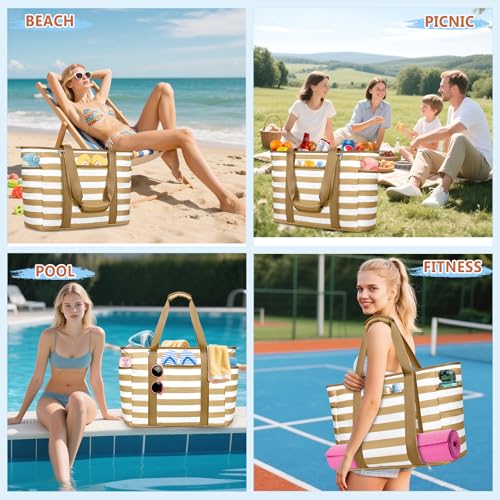 Extra Large Beach Bags for Women Waterproof Sandproof Beach Tote Bag - color: Brown White