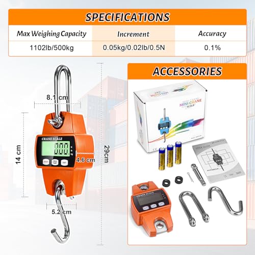 Digital Hanging Scale, 1100lb/500kg Handheld Crane Scale - color: Orange-1100lb