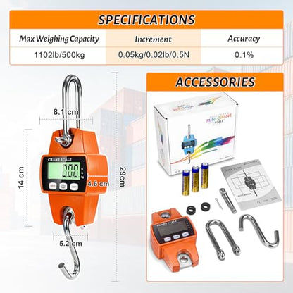 Digital Hanging Scale, 1100lb/500kg Handheld Crane Scale - color: Orange-1100lb