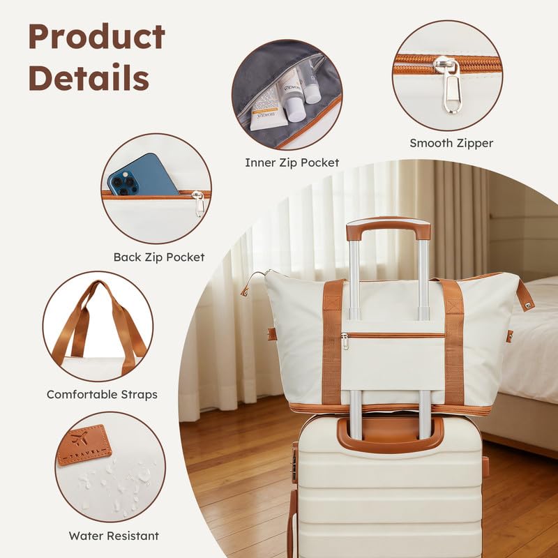 Suitour Luggage Sets 5 Piece, 20, 24, 28 inch Hardside Carry-on and Checked Suitcase Set with Travel Duffle Bag Sets（Beige Tan） - color: Beige Brown, size: 5 Piece Sets(20+24+28)