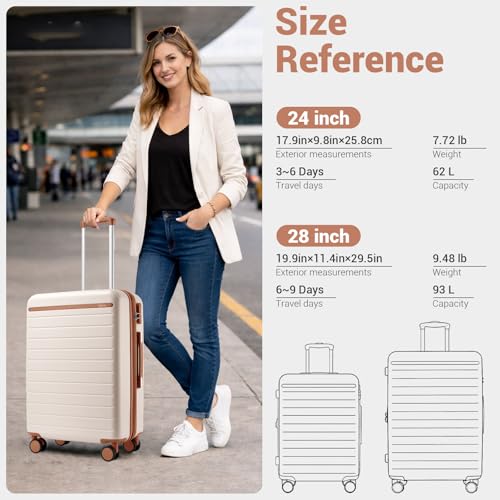 Kono Large Suitcase 28in Expandable ABS+PC 8pcs Silent Wheels Cream/White - color: Cream White, size: Checked-Large 28-Inch