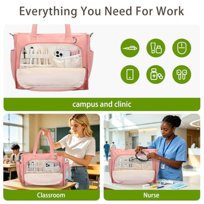 oscaurt Work Tote Bag for Women, 18 Pocket Laptop Tote, 15.6" Compartment - color: Pink