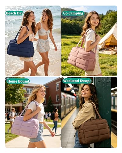 BAGSMART Gym Bag for Women, 2-PC Puffer Travel Duffle Bag Carry On Tote Bag - color: Pink