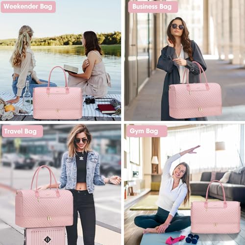 Travel Weekender Carry-on Bags for Women: Duffel Bag with Shoe Compartment - color: 1-Pink, size: 40L-3Pcs Set