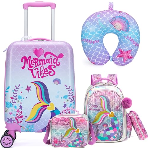 Cute Pink Mermaid Kid’s Luggage Set 5 Piece Suitcase Set 16’’ Hardside Luggage with Spinner Wheels Girls Boys Carry on Toddler Luggage Travel Rolling Luggage Carry on Luggage Airline Approved - color: 05 Pink