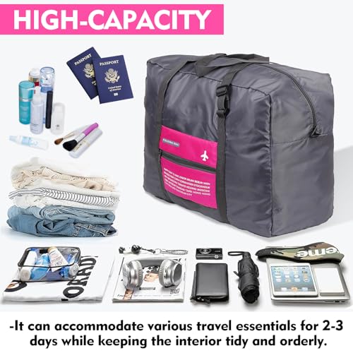 Foldable Travel Duffel Bag 2PCS Sports Gym Tote Water Resistant Carry on Luggage bag Weekender Overnight Bag (Pink+Orange)