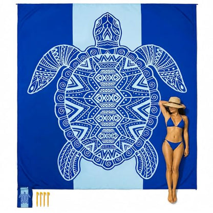 Beach Blanket Waterproof Sandproof with Stakes,Sand Pockets and Carry bag - color: Blue Seaturtle