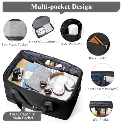 Travel Duffle Bag with Shoe Compartment, Overnight Weekender Bags for Women - color: Black