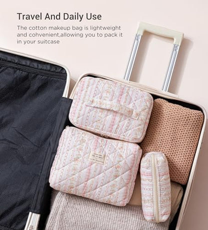 HBselect Quilted Makeup Bag, 3Pcs Cotton Large Travel Makeup Bags Organizer - color: A-3PCS-Floral 25